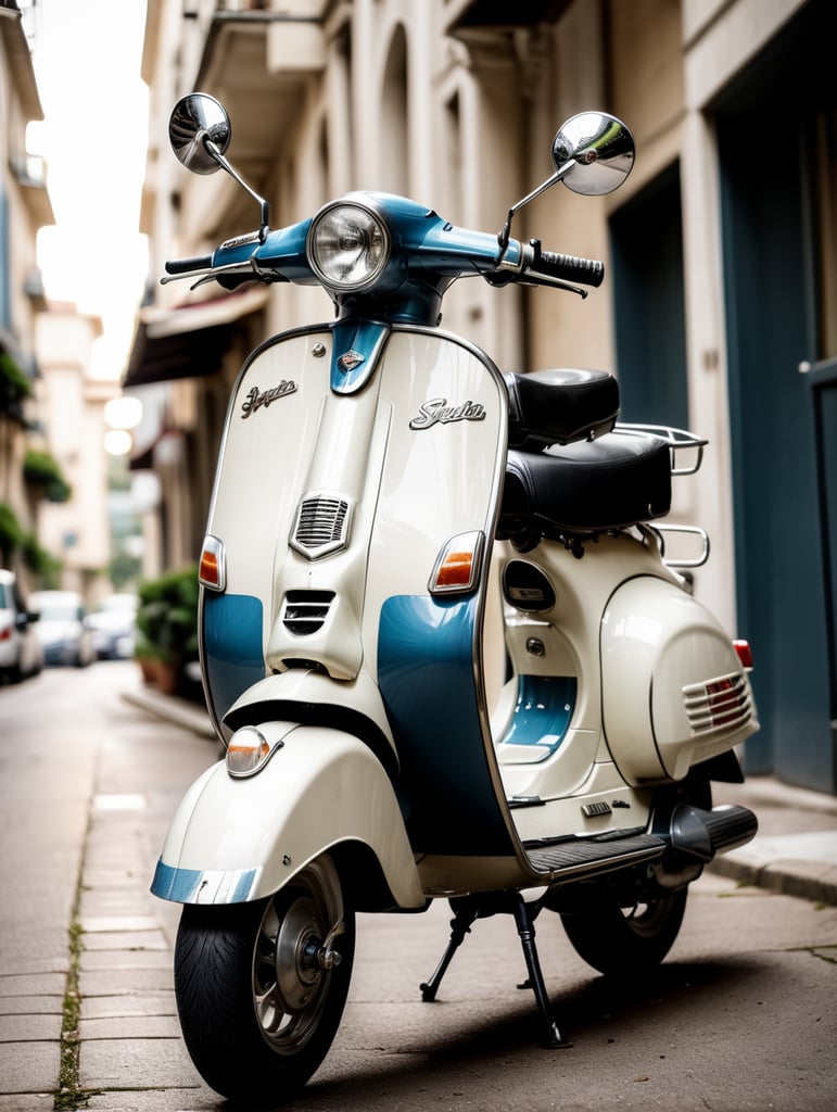 vintage white vespa, low angle view, isolated, white background, mockup