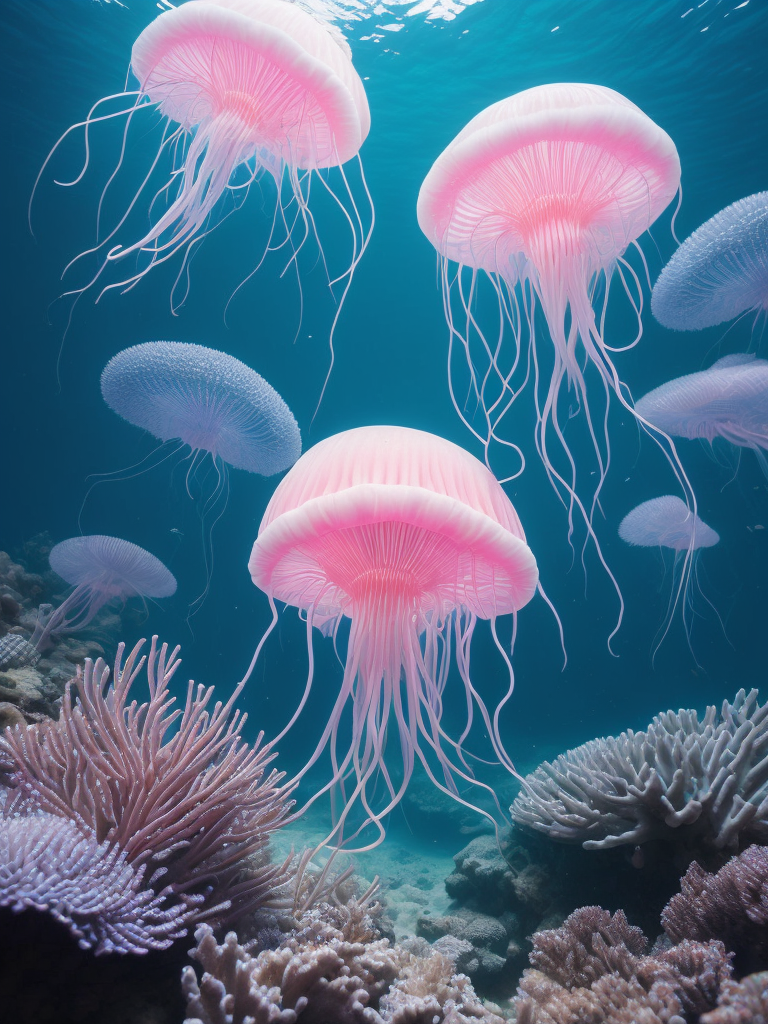 Neon jellyfish swimming in the sea against the background of corals and marine fauna, ultra realistic, super highly detailed,