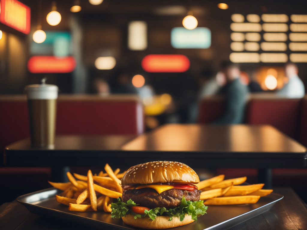 vintage photo of burger and fries on a tray in colorful vintage diner