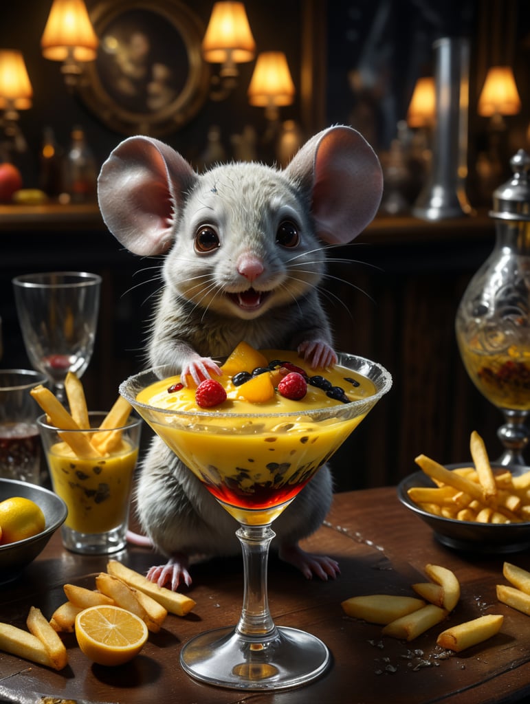 inside of a martini Glass a close up of a little cute mouse martini glass sniffing on it, the Glass is standing on a bar table full with fruit cake and french fries, dark fantasy concept art, the walls cashmere yellow and pulsing, background of resident evil game, nocturnal palette, gothic wearing, slightly dark colors, gothic clothing, realms, vidid snowwhite yellow silver red colours