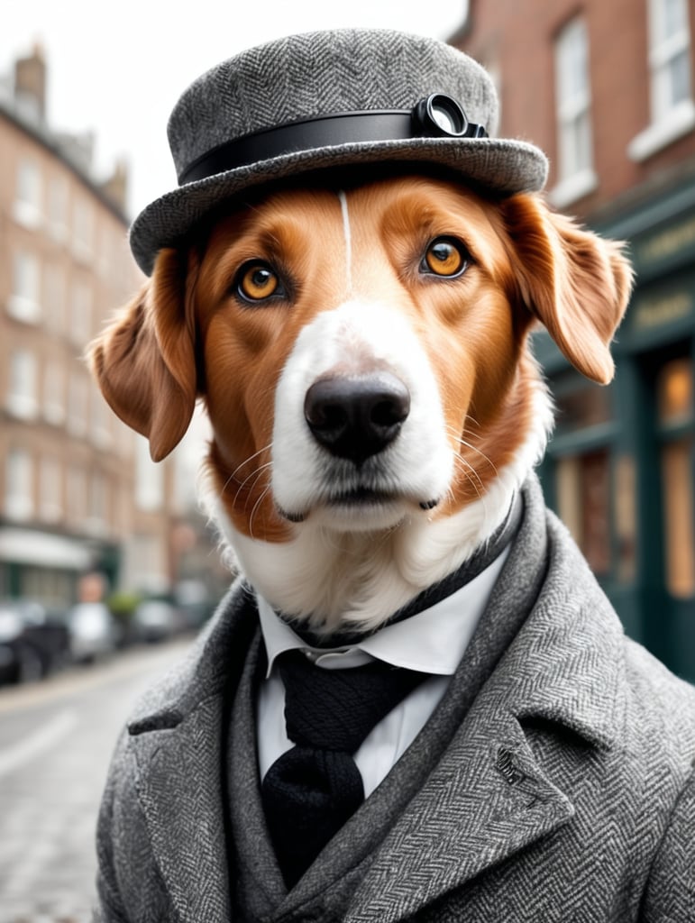 Create a digital illustration of an intelligent and stylish sheepdog that resembles the famous detective Sherlock Holmes. The sheepdog has a distinctive thick, curly fur that is predominantly grey with black and white accents, mimicking the texture of wool. It wears a classic British detective's outfit, including a tweed deerstalker hat and a matching tweed coat with a sophisticated and slightly whimsical touch. The dog's eyes are keen and observant, peering out from behind a pair of vintage round glasses. In its mouth, it holds an iconic curved pipe, and around its neck hangs a magnifying glass pendant. The sheepdog's stance is proud and dignified, with a slight tilt of the head, as if pondering a complex case. Its overall appearance exudes a combination of intelligence, curiosity, and a touch of mystery, reflecting the characteristics of the legendary sleuth Sherlock Holmes