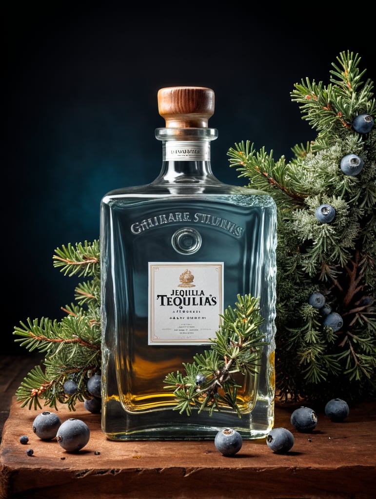 professional photography of a square gin bottle, square bottle, surrounding a juniper and juniper berries, one shot of tequila, salt, no label, clear, mockup