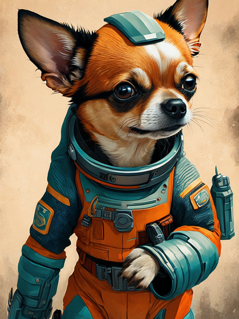 A Chihuahua like a Rocket Raccoon from Guardians of the Galaxy wearing astronaut costume on the Mars
