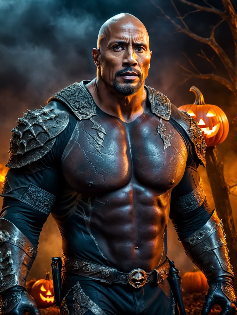 a bone-chilling picture of Dwayne Johnson in a Halloween costume on Lumenor, Halloween atmosphère, award winning photography, focus