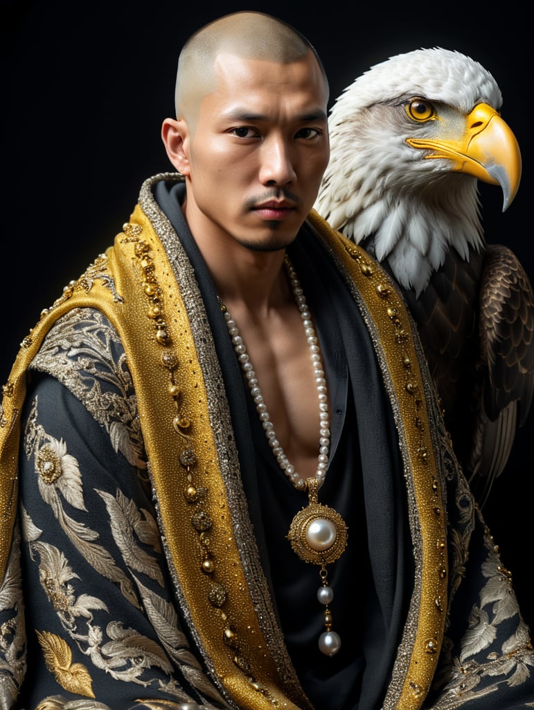 birds-eye-view, Alex Webb style, Asian Skinhead male model with a eagle in a dark room wearing Oversized blanket made by silver yellow beads mixed wool, pearl, glass, cotton, plastic, thread, glitter, blurry details, Slow shutter photo, body language, surreal fashion photography, Contax G2, hyper realistic