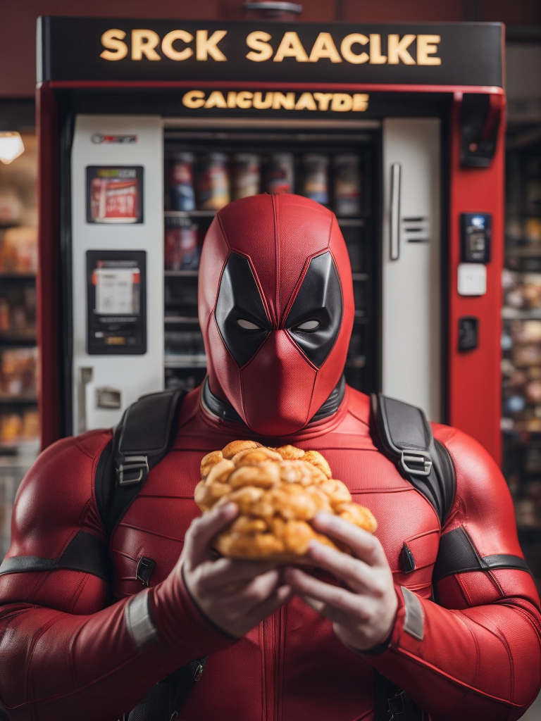 overly obese deadpool eating a snack from vending machine