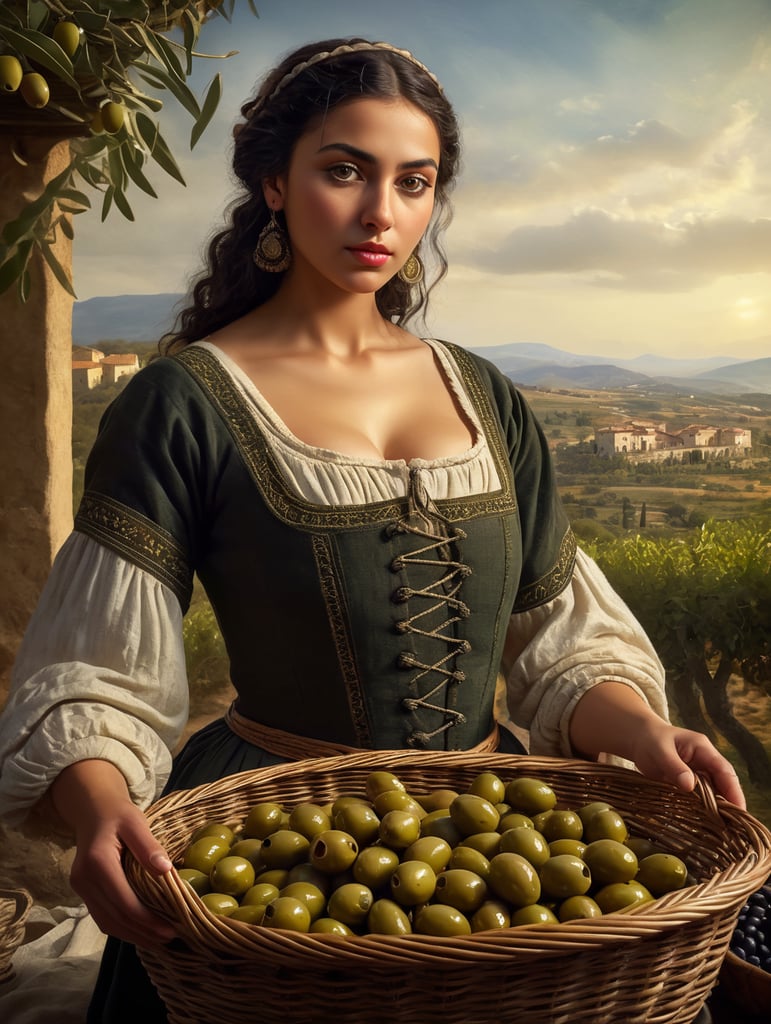 Portrait of a young, dark and beautiful Italian girl growing green olives from Sicily in 17th century Italian folk peasant clothing with low cut and full breasts, dramatic lighting, depth of field, olive gardens with clearly and regularly defined shapes in the background. The olives should have a beautiful, even structure. Incredibly high detail, holding a basket of olives in your hands, a wicker basket with the correct texture, olives in a basket of the correct texture with beautiful berries.