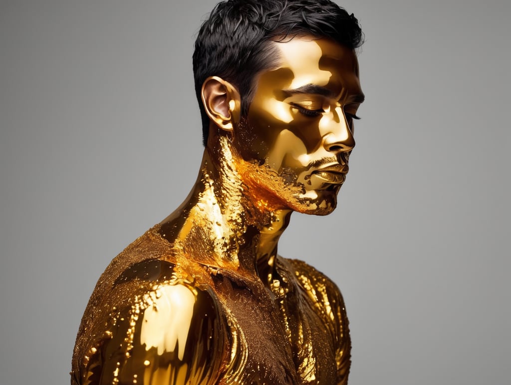 a person made of gold, melted, everything gold melted color