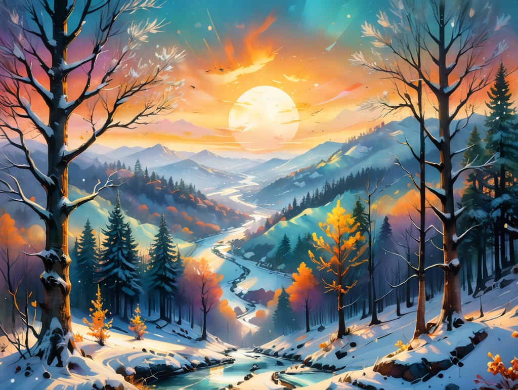 A breathtaking winter landscape with a snow-covered forest and distant rolling hills under a golden sunset, vibrant ornaments hanging delicately from snowy tree branches in the foreground, gentle bokeh lights sparkling in the background, creating a serene yet festive atmosphere. Intricate details in the frosted trees, shimmering snow reflecting soft light, and a tranquil winter wonderland ambiance with a warm holiday spirit. Ultra-high resolution, deep focus, captivating and vivid, inviting seasonal cheerfulness and peace.