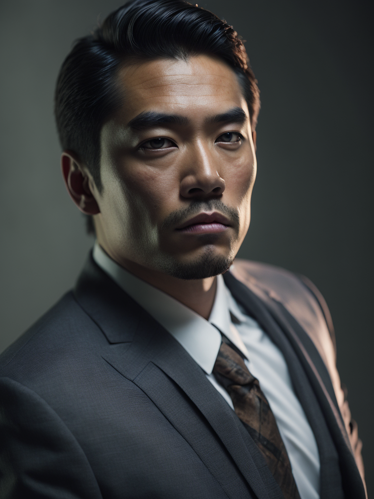 Portrait of a Chinese mafia boss in formal suit, scar on a face