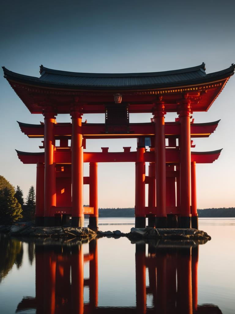 Red torii gate in middle of a lake, Dense forest on the edge of the lake, Bright and saturated colors, Japanese culture, photorealistic, contrast light