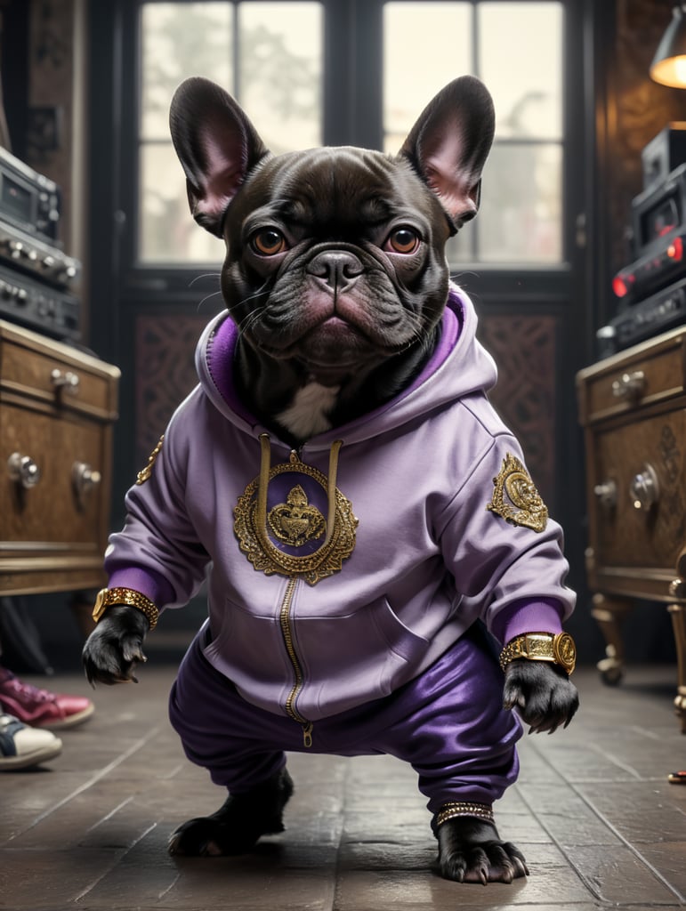 Lilac French bulldog in hip hop clothing