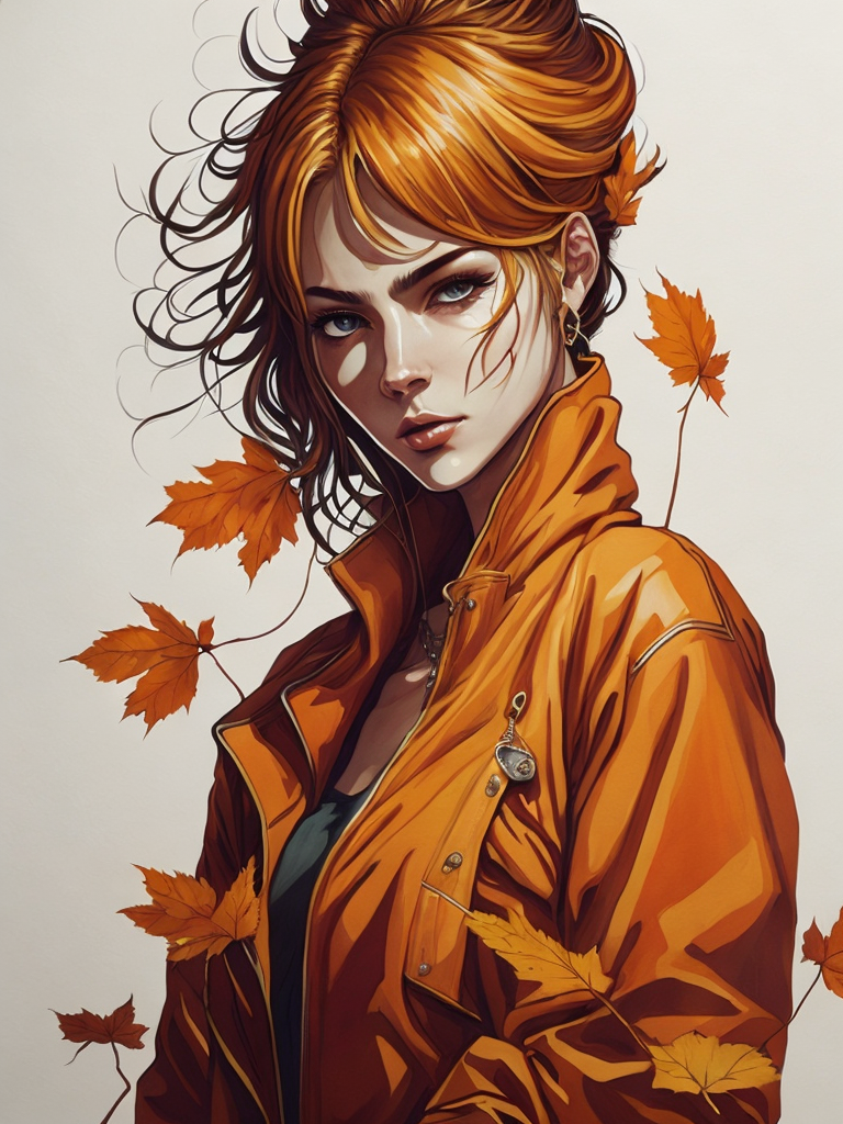 A beautiful full-height girl in an autumn attire. Around her, yellow fallen leaves are swirling, with plenty of sunlight. In the background, there are ripe red apples. Around her, flowers are in full bloom, it's morning. The girl is looking at her reflection in the lake.