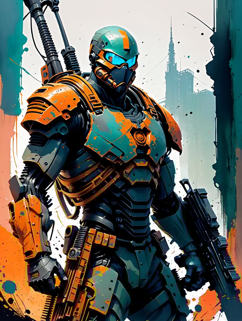 illustration soldier holding heavy machine gun and scythe