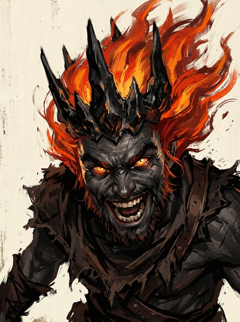 Expressive digital painting of a manic figure with fiery red hair, glowing orange eyes, and a wide grin, viewed from a low angle. The charcoal-skinned character wears a jagged obsidian crown, rendered with bold brushstrokes against a plain cream background.
