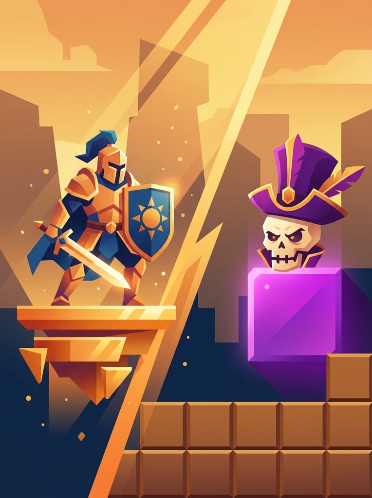 flat vector illustration, warm golden orange gradients, split layout, geometric knight on floating platform, diagonal light shafts, skull character with purple hat on block, silhouetted background shapes, bottom grid of modular brown platform blocks, vibrant stylized game art