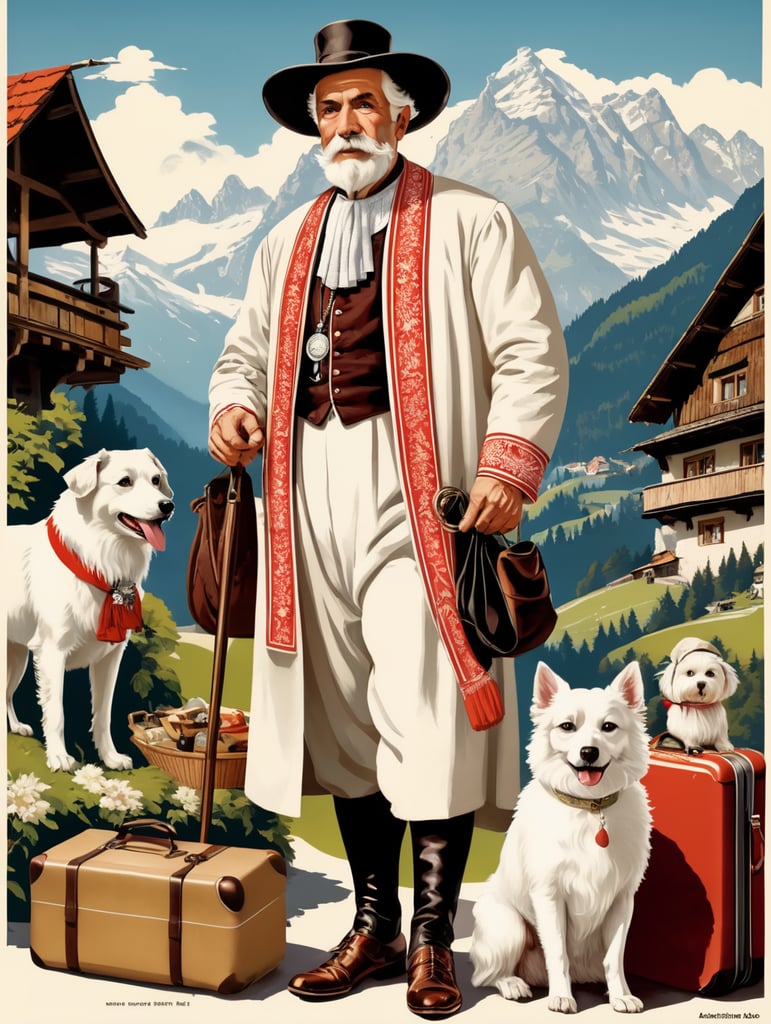 Retro poster of an old Austrian traveler with a white dog, dressed in traditional Austrian clothes, behind with things