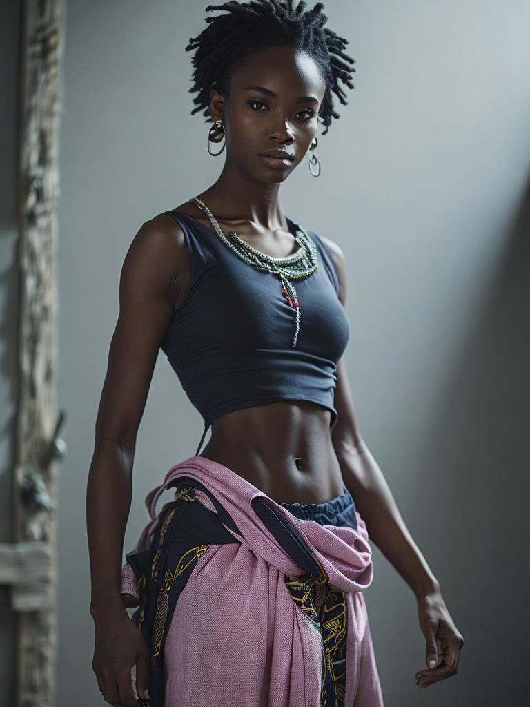 Create a full-body manga drawing of a young African character donning modernized traditional clothing, stretching their arms in a morning routine.