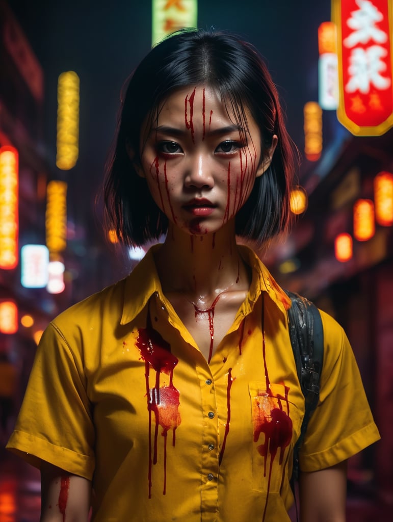 A girl of Asian appearance is dressed in a yellow shirt stained with blood, her face is bloody, against the backdrop of Chinatown and neon lights, dark atmosphere, deep contrasting shadows, Takashi Miike style