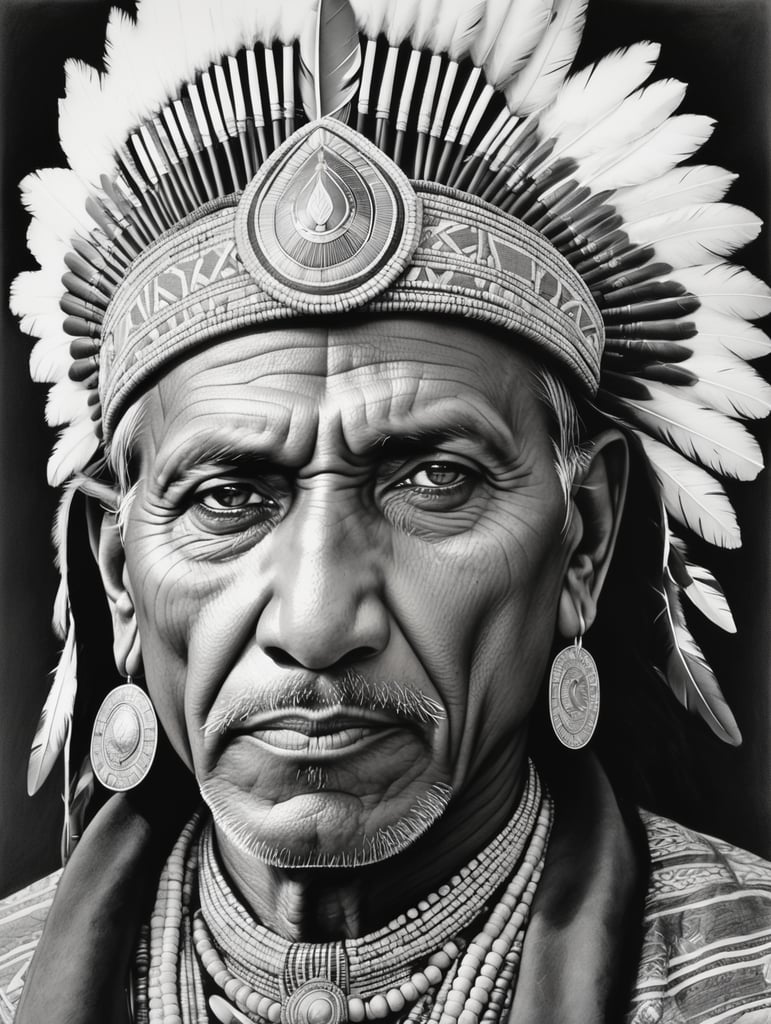 Indian tribal leader, illustration, Pencil, Portrait, B , USA, style of Laurie Lipton