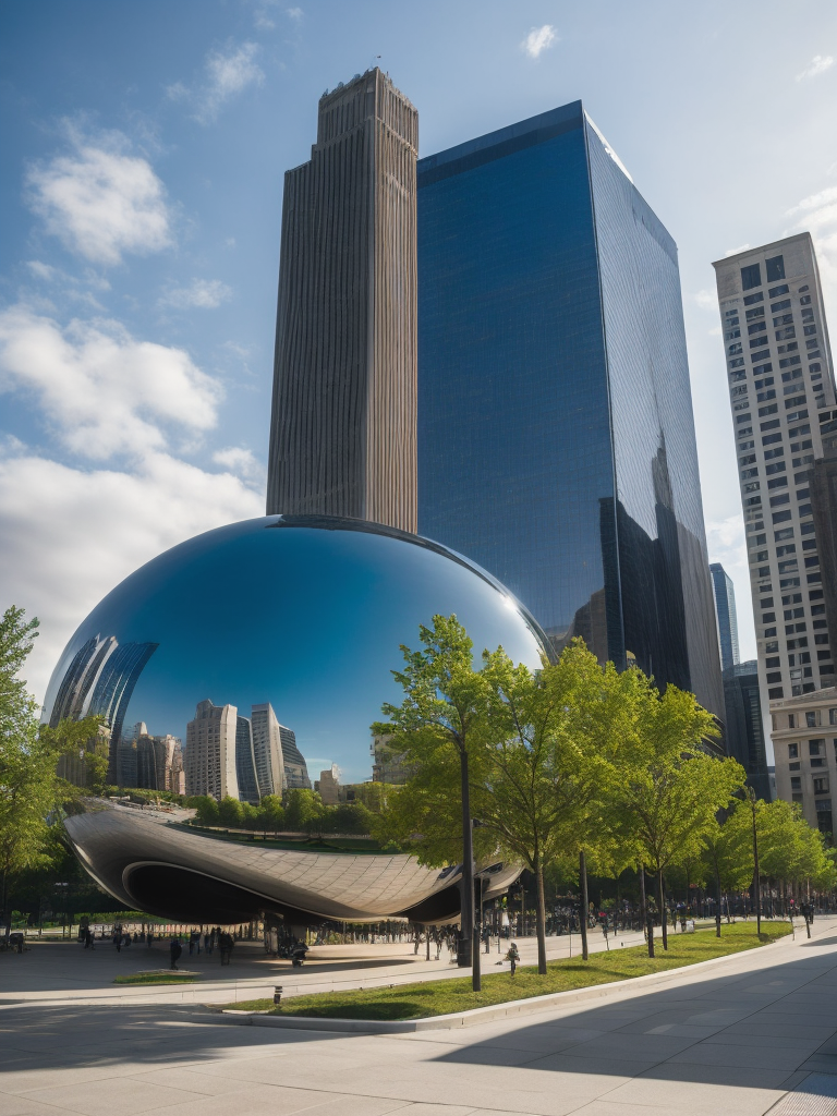 Chicago Millennium Park, Cloud Gate, Green trees, Skyscrapers in the background, Vibrant colors, Deep colors, Contrast lighting, Sunny day, High detail, Sharp details
