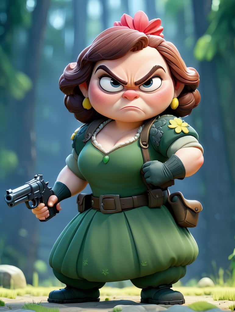 grumpy dwarf of snow white in a swat dress, pointing with a gun, cartoon style
