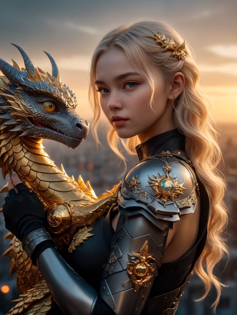 Cute young blonde headed cyberpunk girl holding her golden baby dragon, fantasy, exquisite detail, catch light, low contrast, high sharpness, depth of field, golden hour, ultra detailed photography, shiny stars in the sky
