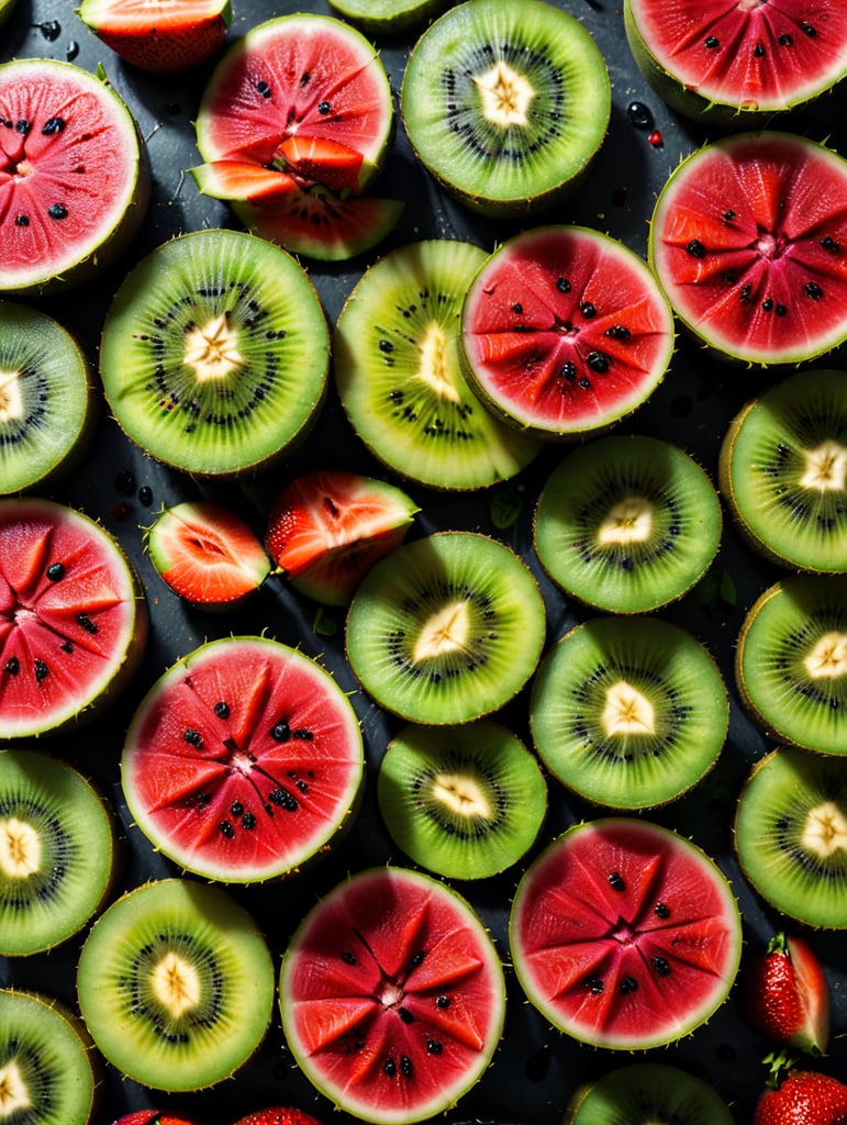 Colorful sliced fruit pieces, top view, watermelon, dragon fruit, kiwi, strawberry