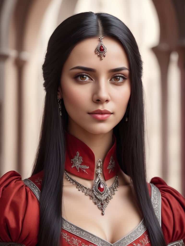 Kobieta. Europejskie. Czarne proste włosy do ramion. Brązowe oczy. Milady. Średniowiecze. Portret. Strój czerwony z elementami srebra.