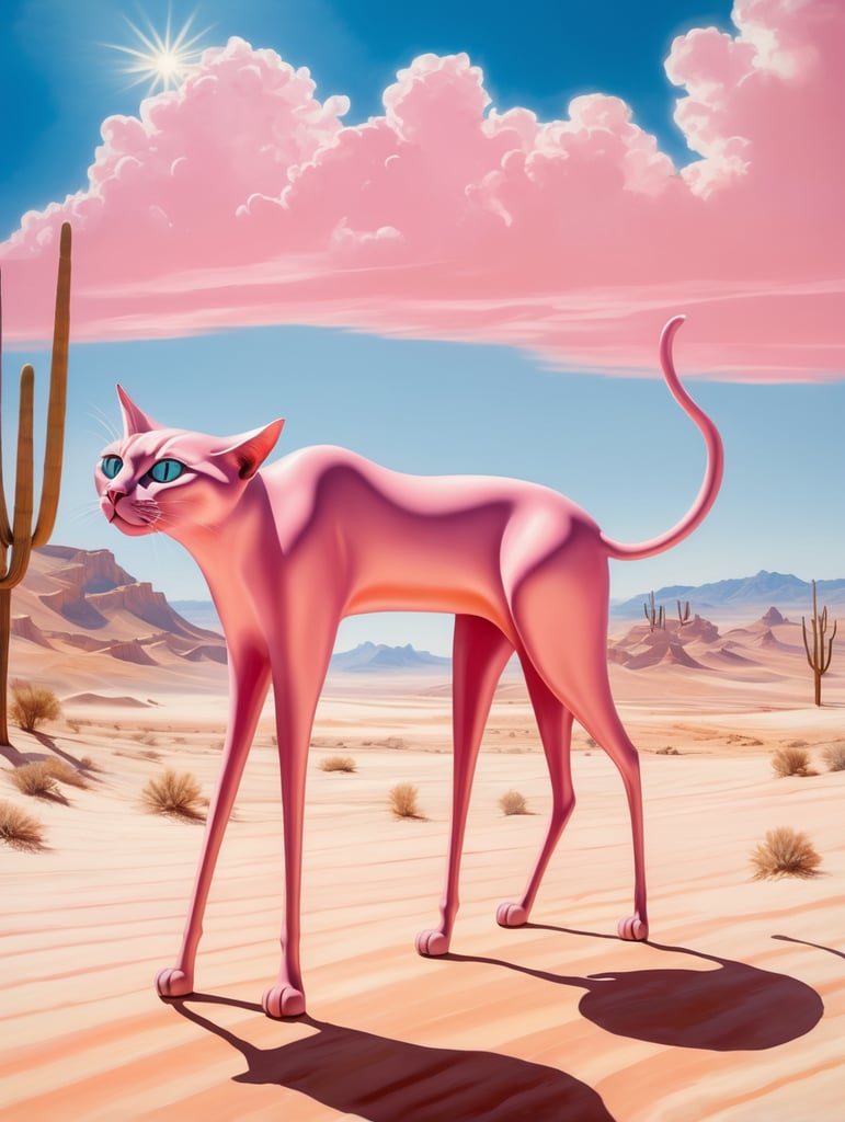 Pink cats in a desert. Painted in the style of Salvador Dali. Very hot and sunny rays with blue sky. Very long and thin legs