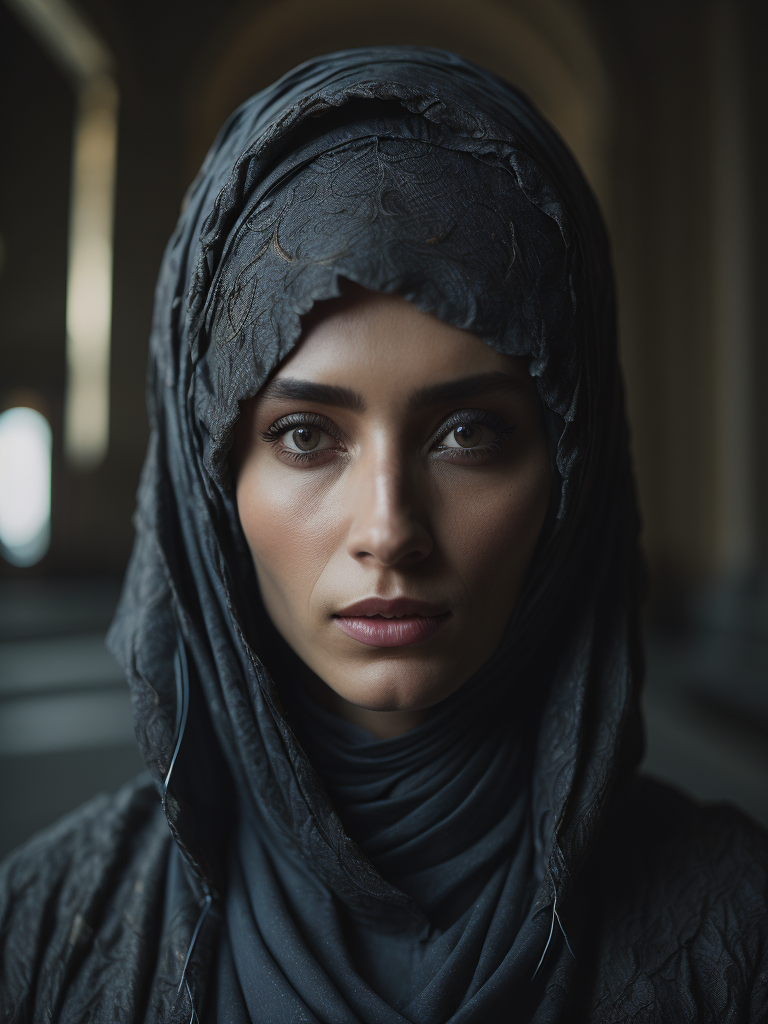 hyper-realistic, ultra-detailed photograph Portrait of a Beautiful woman who has large black crow feather wings wearing black hijab in the Renaissance ottoman mosque background, detailed gorgeous face, depth of field, HOF, hall of fame,