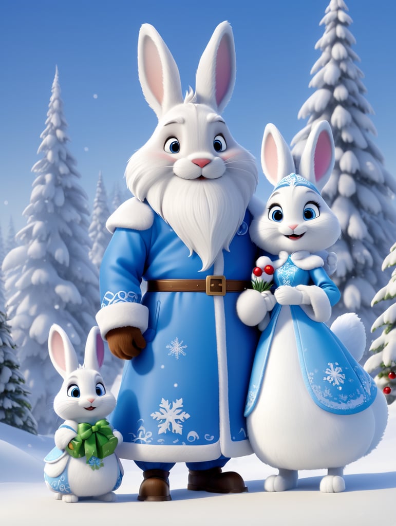 New year's card, Santa Claus and Snow Maiden, rabbit, deere, by Justin Gerard and Greg Rutkowski