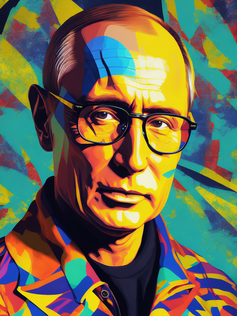 Vladimir Putin wearing a brightly patterned jacket and wayfarer glasses, Vivid saturated colors, Contrast color