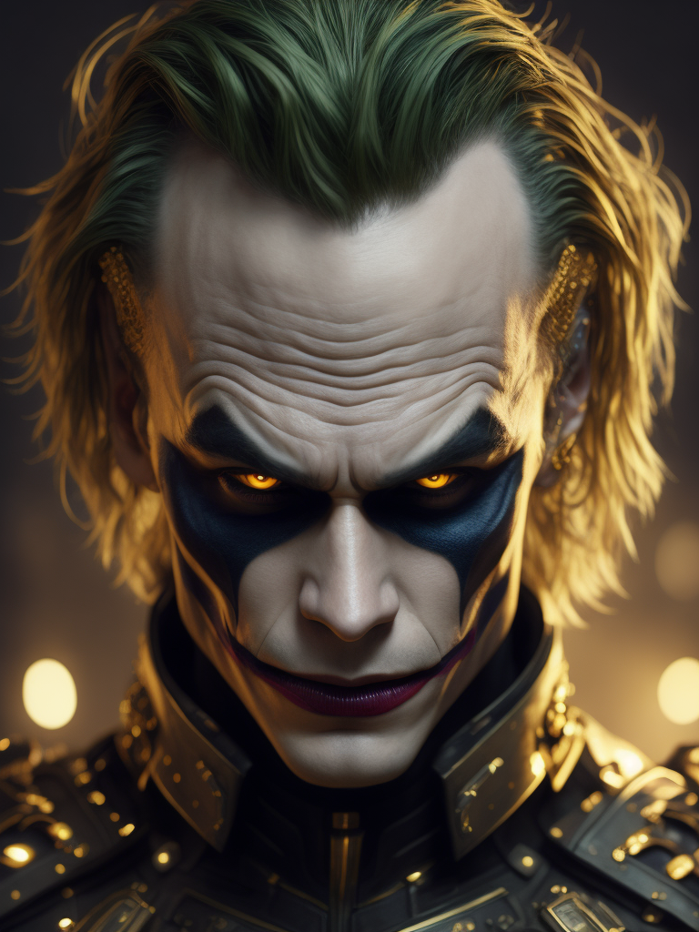 Ultra-sharp photography of male hero, heath ledger as dc joker sitting in an high fashion pose, bust shot, cybernetic face & body, perspective from under, + cinematic shot + dynamic composition, incredibly detailed, sharpen, details + pose from a hajime sorayama painting + steampunk suit with gold ornate armour attire with filigree details + futuristic city in background + evening with light + perfectionism + ultra detailed hair + ultra detailed skin + ultra detailed eye + dc joker in super haute couture + art by emil melmoth, giger, marcin nargraba, rebecca millen + high fashion + award winning realism + the composition is balanced and dynamic