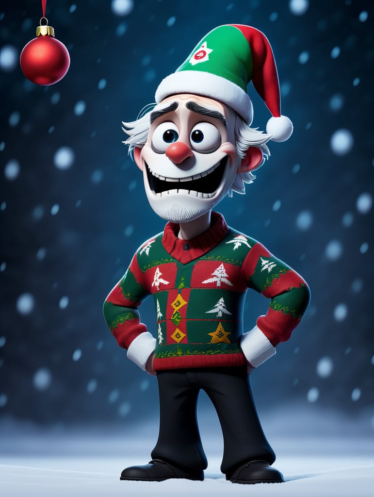 Jack Skellington standing wearing an ugly Christmas sweater