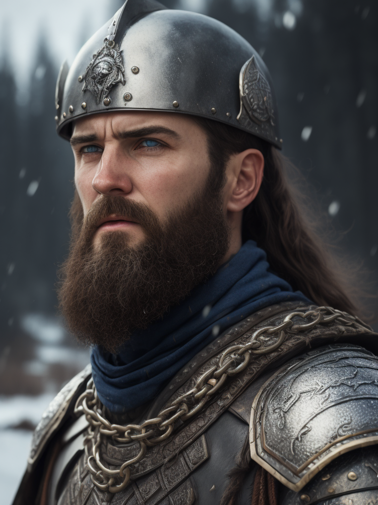 Portrait of a medieval Slavic warrior with a beard, wearing a helmet and chain mail, gray-blue eyes, a face stained with blood, against the backdrop of a winter landscape