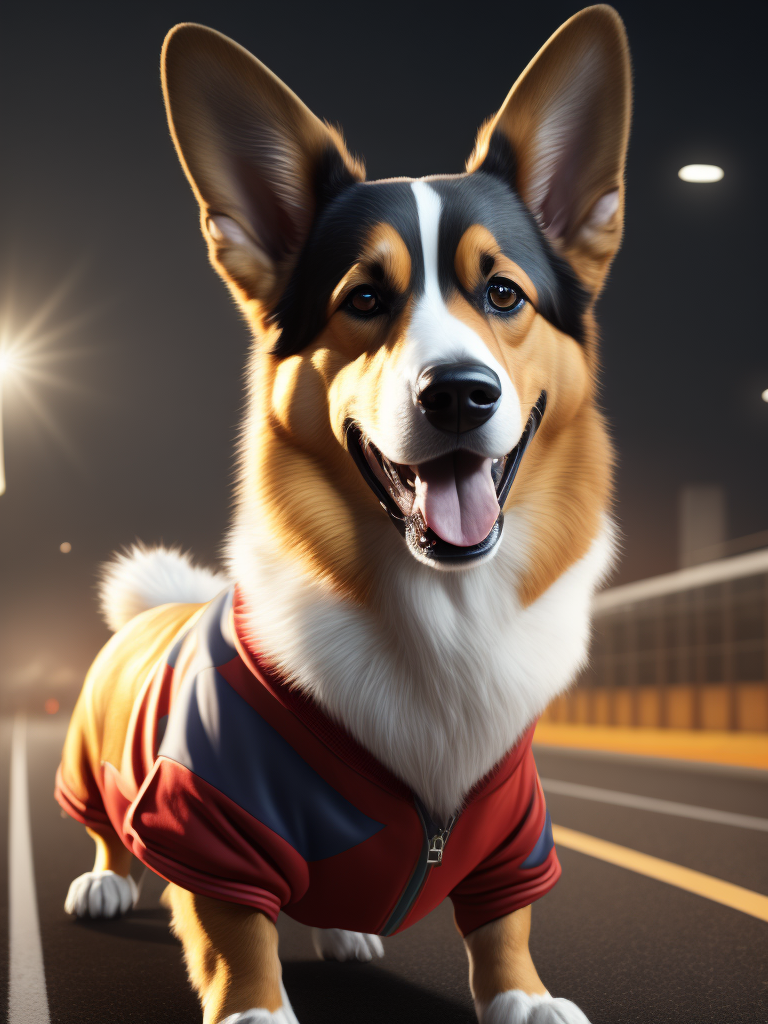 welsh corgi wearing a track suit