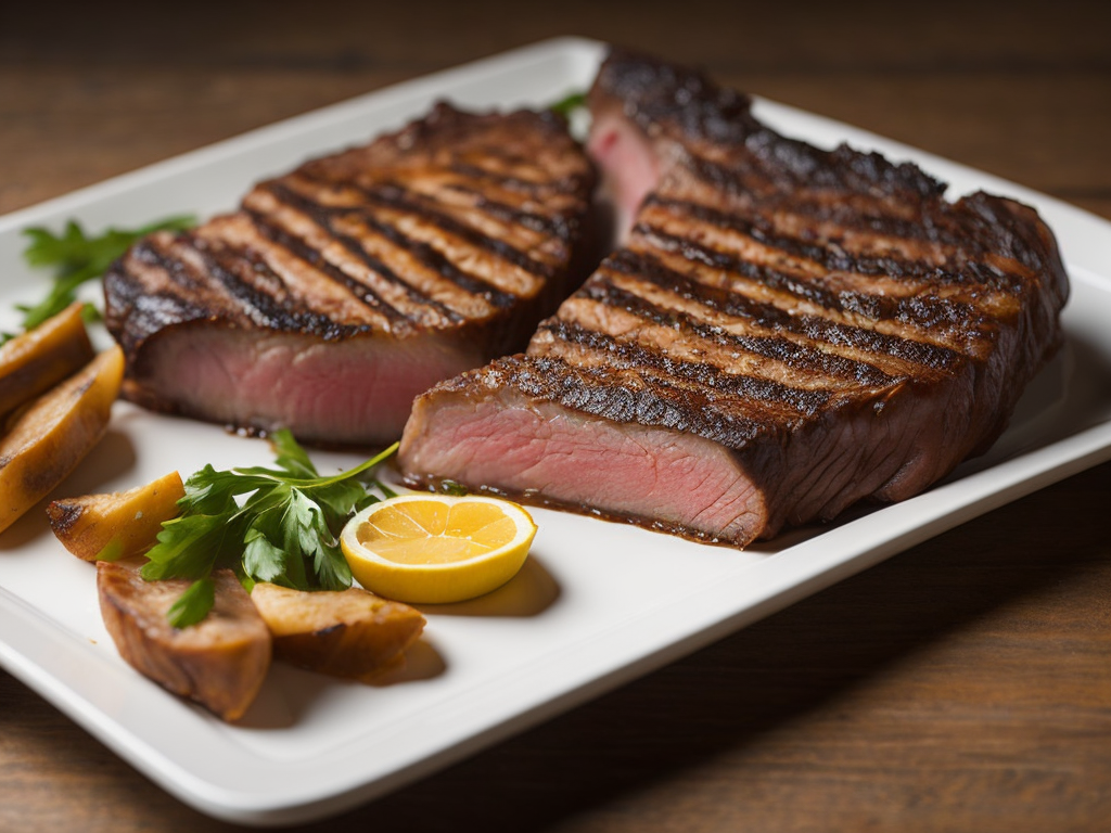 an appetizing grilled T-Bone Steak, rich textures, empty space around, textile, professional food photography, closeup detailed photo, studio lighting, perfect sharpness, white blurred background