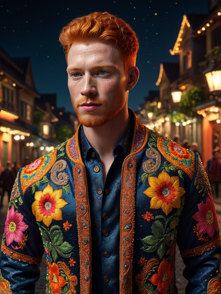 Beautiful ginger man with freckles, wearing a colorful, vibrant, detailed embroidered jacket, medium-full shot, at night