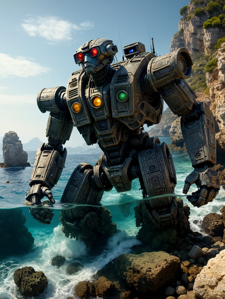 Johnny 5 aquatic robot model spec exploring greek megalithic structures under the Mediterranean sea.