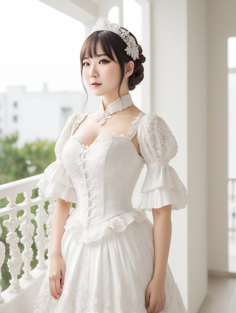 Tanaka hitomi wearing fancy dress, standing by balcony