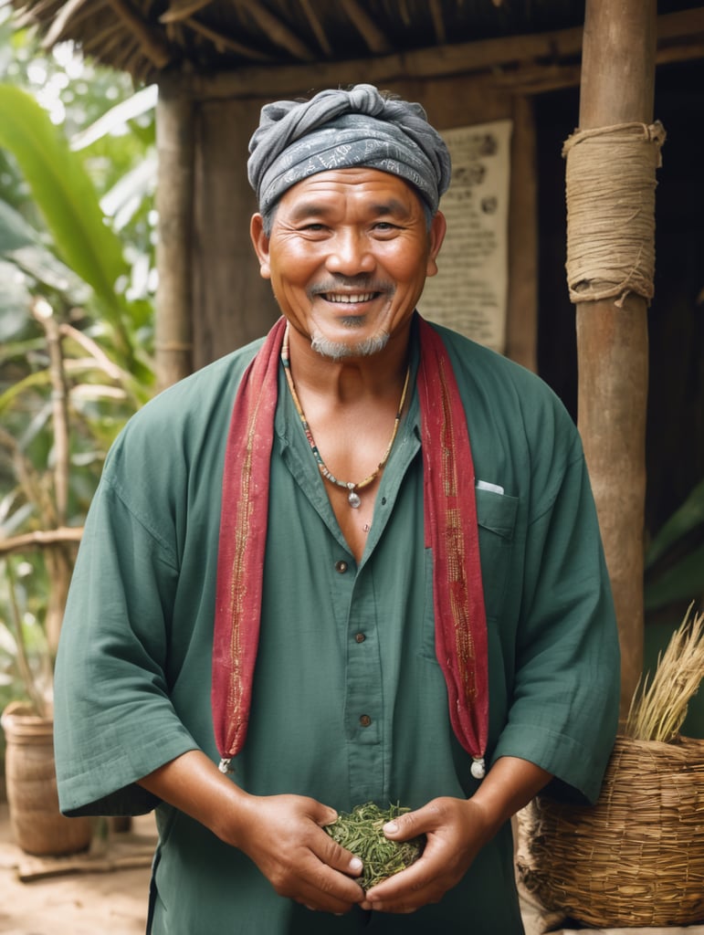 old male chubby filipino healer with bandana. front faced, full body. thick eyebrows. brown skin. wearing an amulet. while selling healing oil and herbal leaves. inside a bahay kubo. cheerful personality