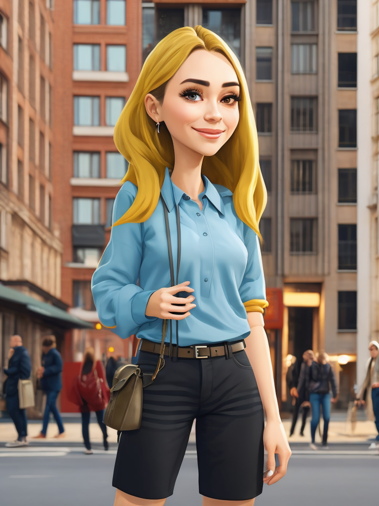 Cartoon character of a young woman from Ukraine who lives in big city wears modern casual clothes have short hear rendered in full front and side view