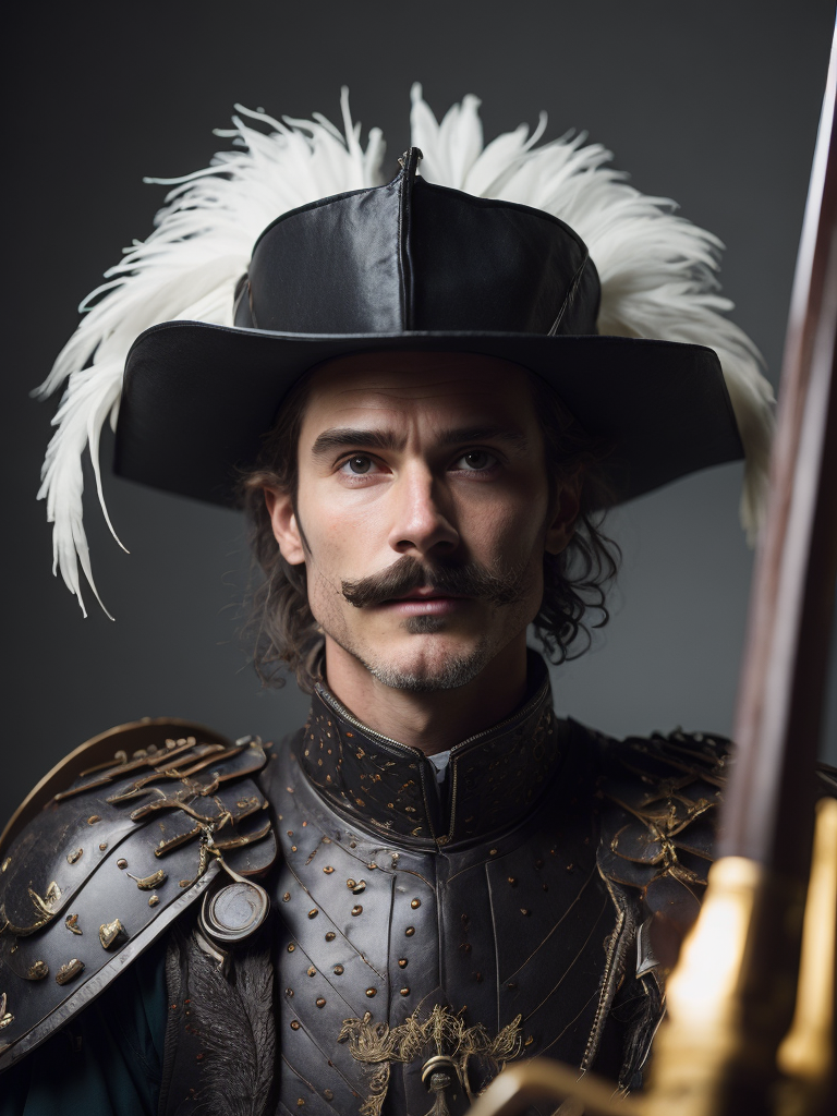 High resolution, high quality, high detail, soft lighting, cinematic lighting, realistic, DSLR, bokeh, studio quality, film grain, panorama, film grab of a young landsknecht wearing a large hat with colorful feather plumes, plate armor, black shirt, moustache, holding a very long sword, standing, simple background, 80s fantasy movie