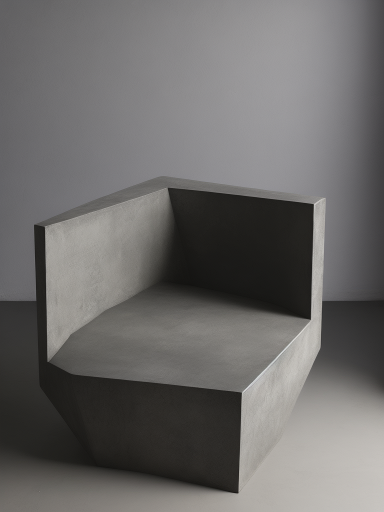 a chair made from concrete, modern design, flat shape, cube, grey background, modern art, everythink dark grey