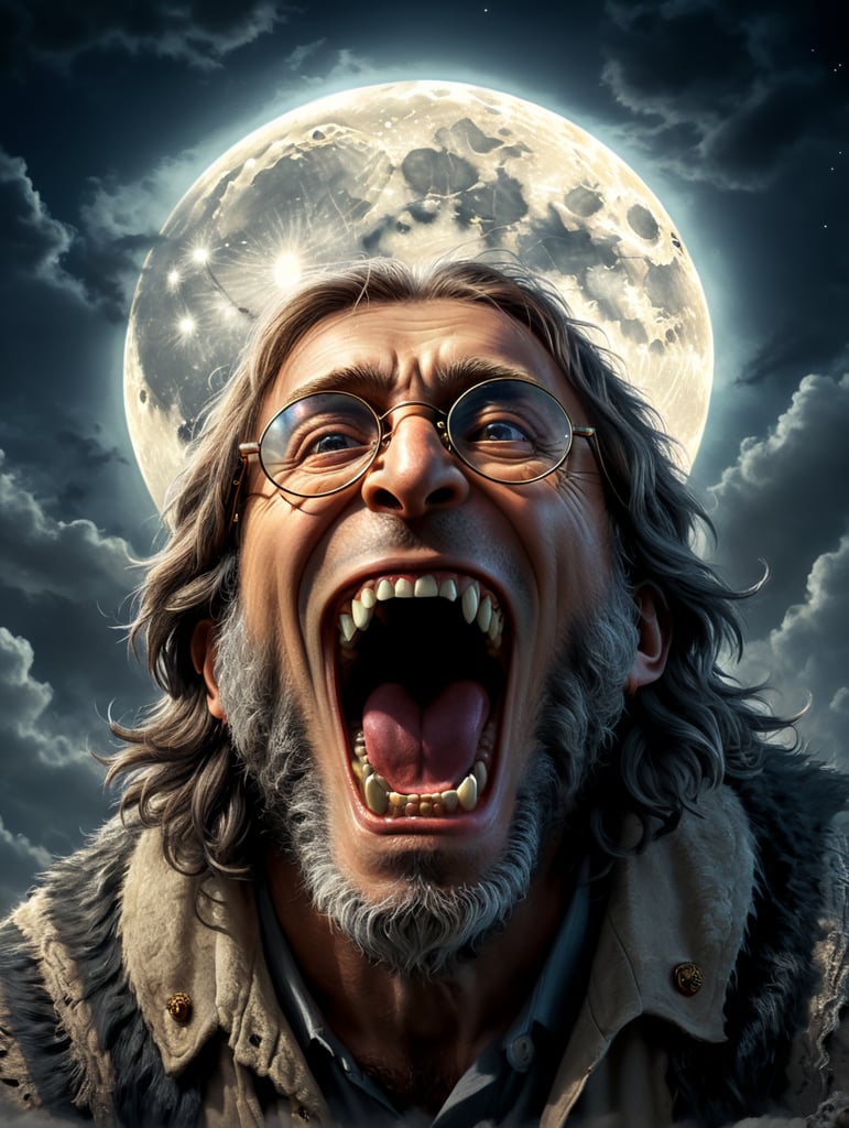 John Lennon from the Beatles with round eye glasses disguised as Werewolf facing up howling at a full moon background.