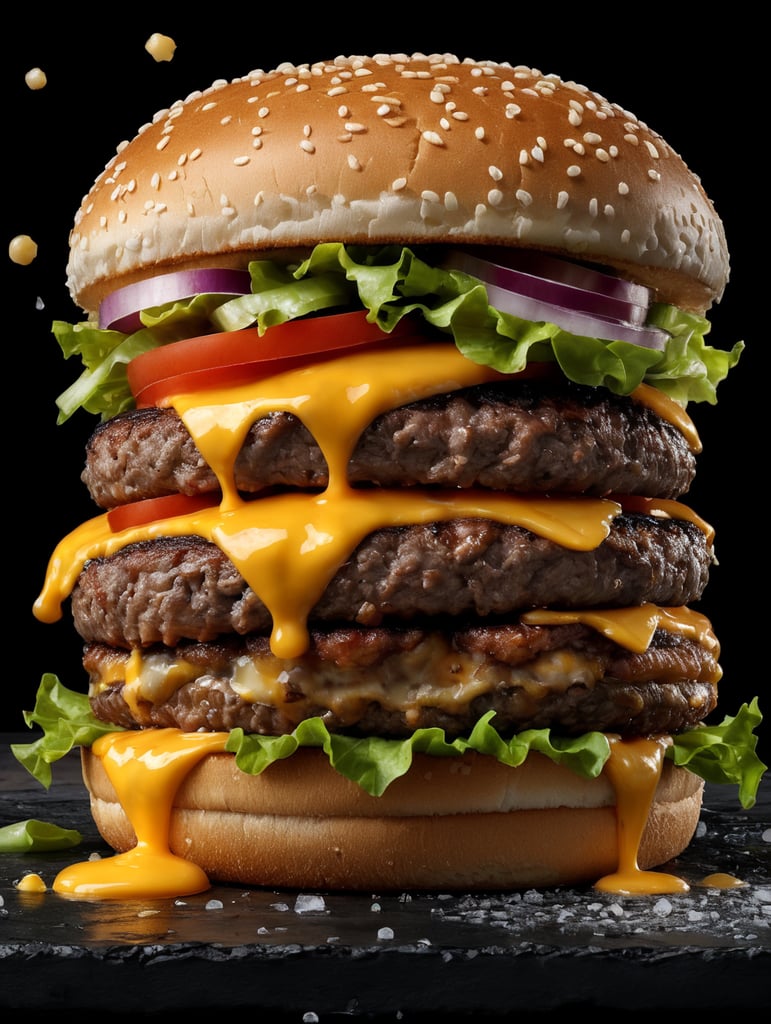 appetizing burger with leaking cheese on black background