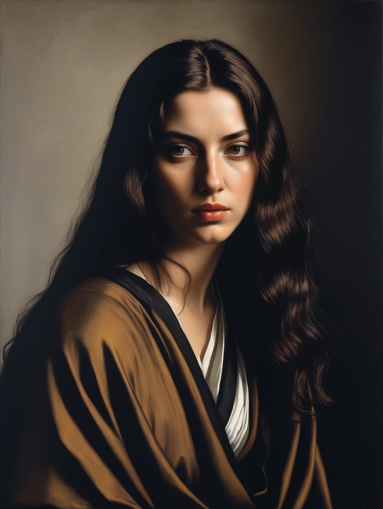 A masterpiece portrait by Caravaggio of a beautiful saint woman, straight hair