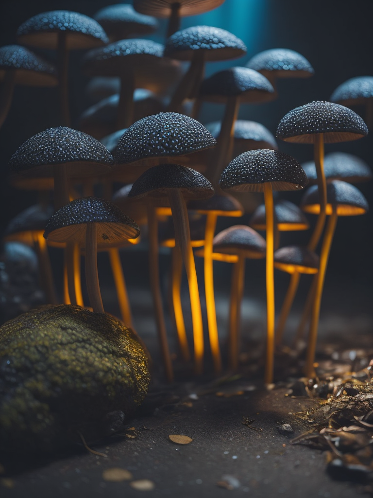 fluorescent mushrooms, psychedelic night, abstract, darkness