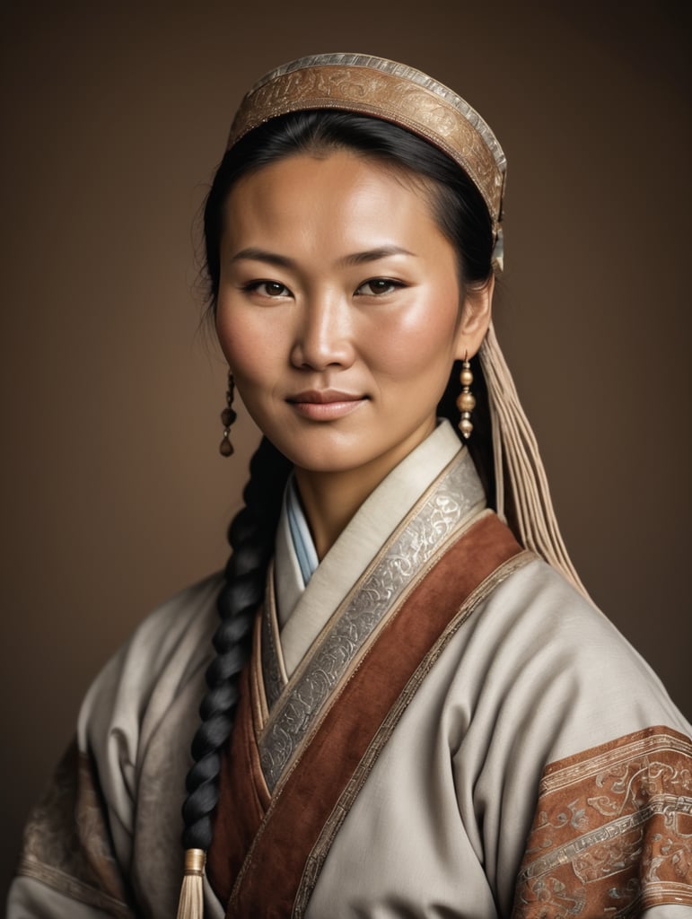 Portrait of a Mongolian woman in traditional clothes, tanned
